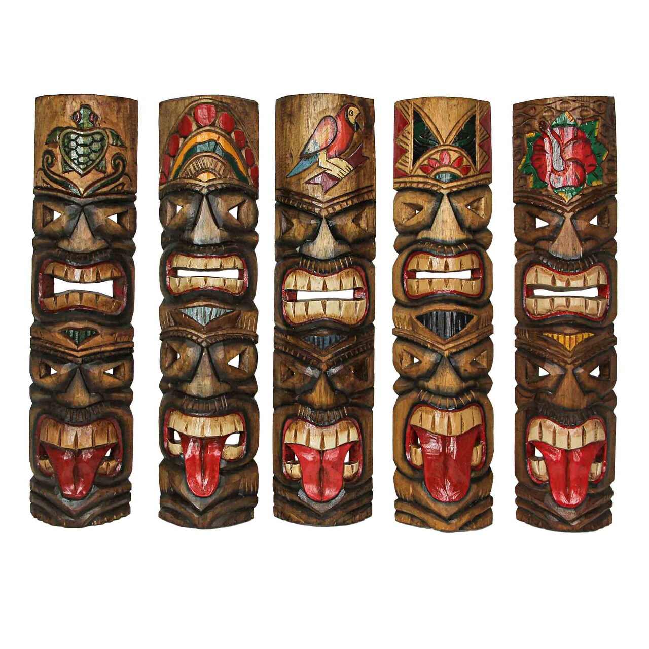 Set of 5 Double Tiki Mask Totem Wall Decor Hand Carved Tribal Sculpture 24 Inch